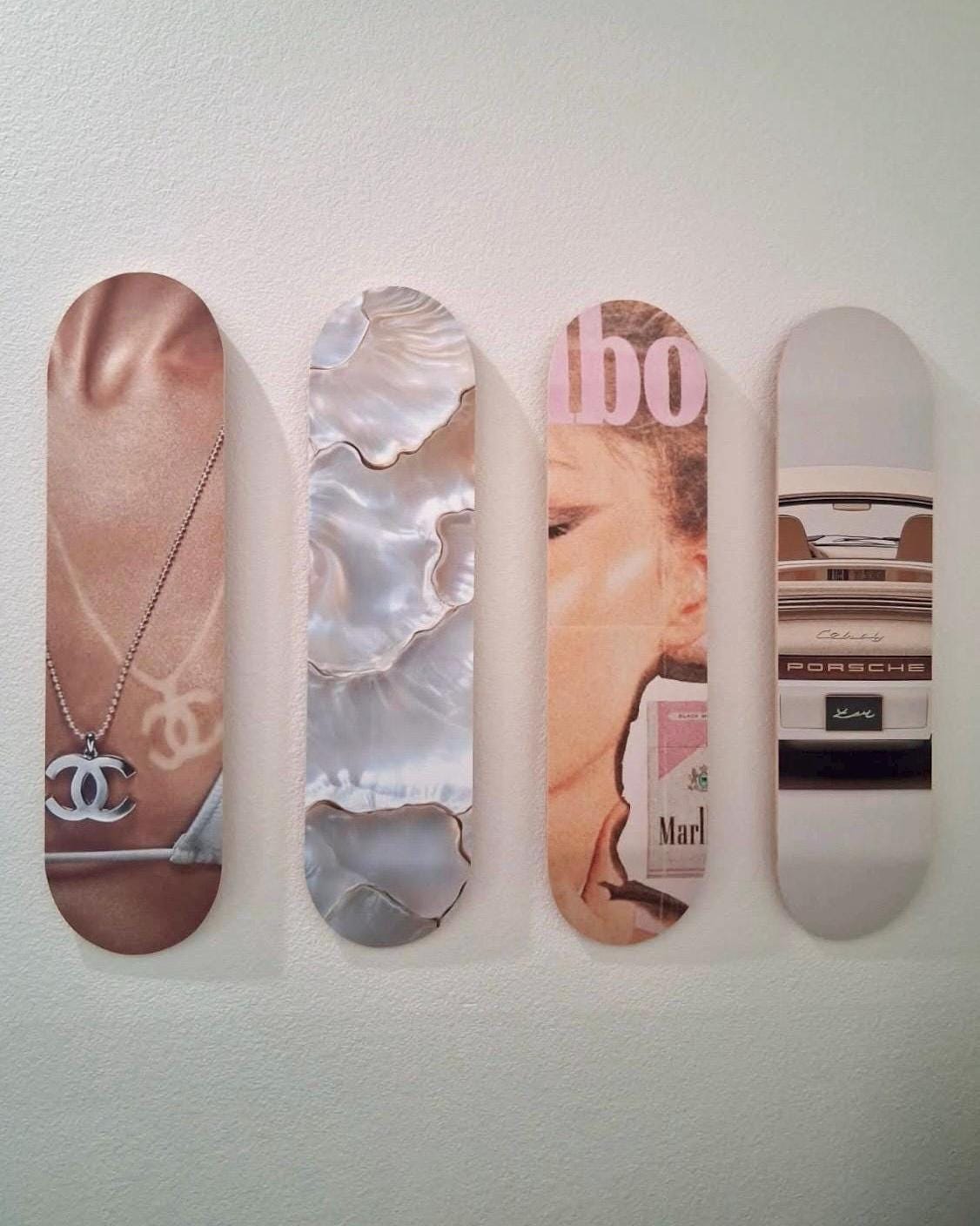 Set of 4 Skateboard Wall Art | Pink Aesthetic Dorm Room Decor for Girls | Trendy Bedroom Wall Boards | College Apartment Decor