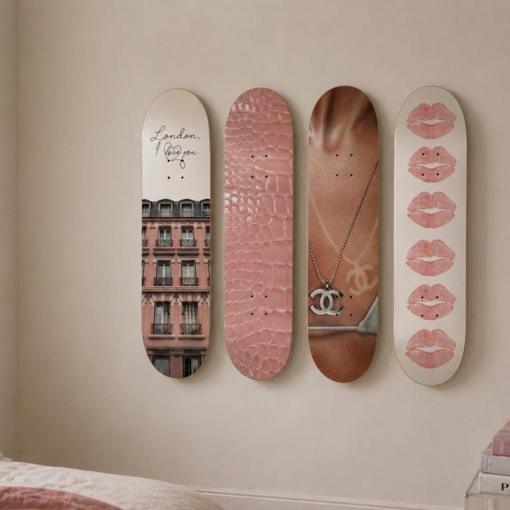 Set of 4 Skateboard Wall Art | Pink Aesthetic Dorm Room Decor for Girls | Trendy Bedroom Wall Boards | College Apartment Decor