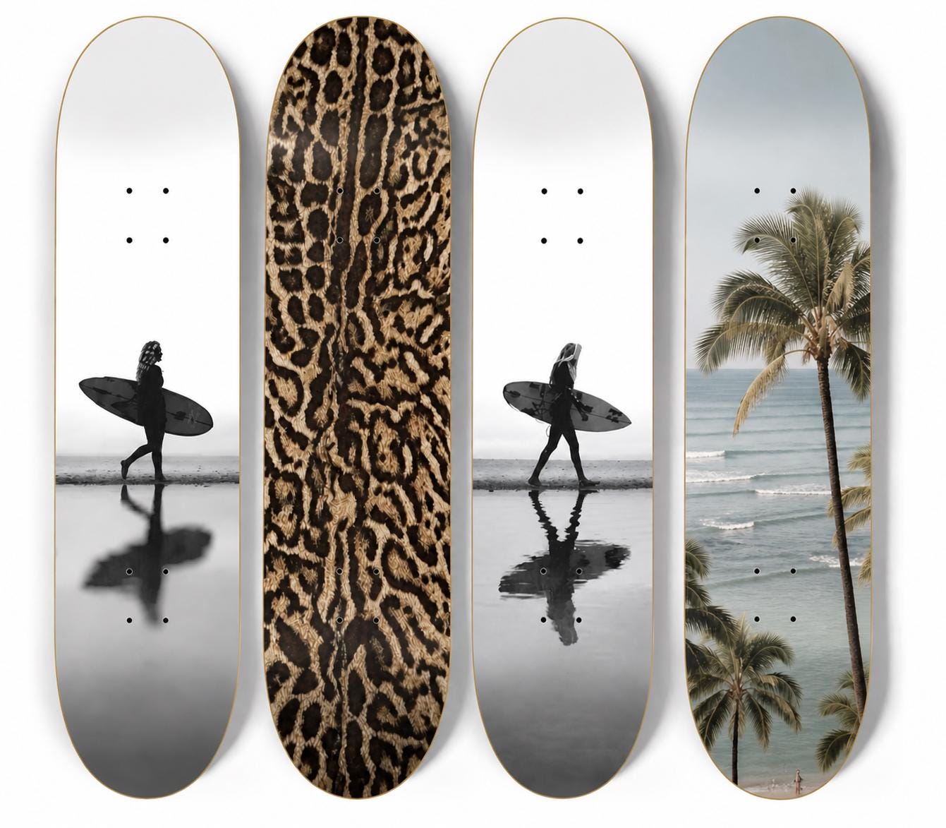 Skateboard Wall Art Set of 4, Cheetah Print, Palm Tree Beach, Surfer Coastal Wall Decor, Neutral Modern Room, College Apartment Decor