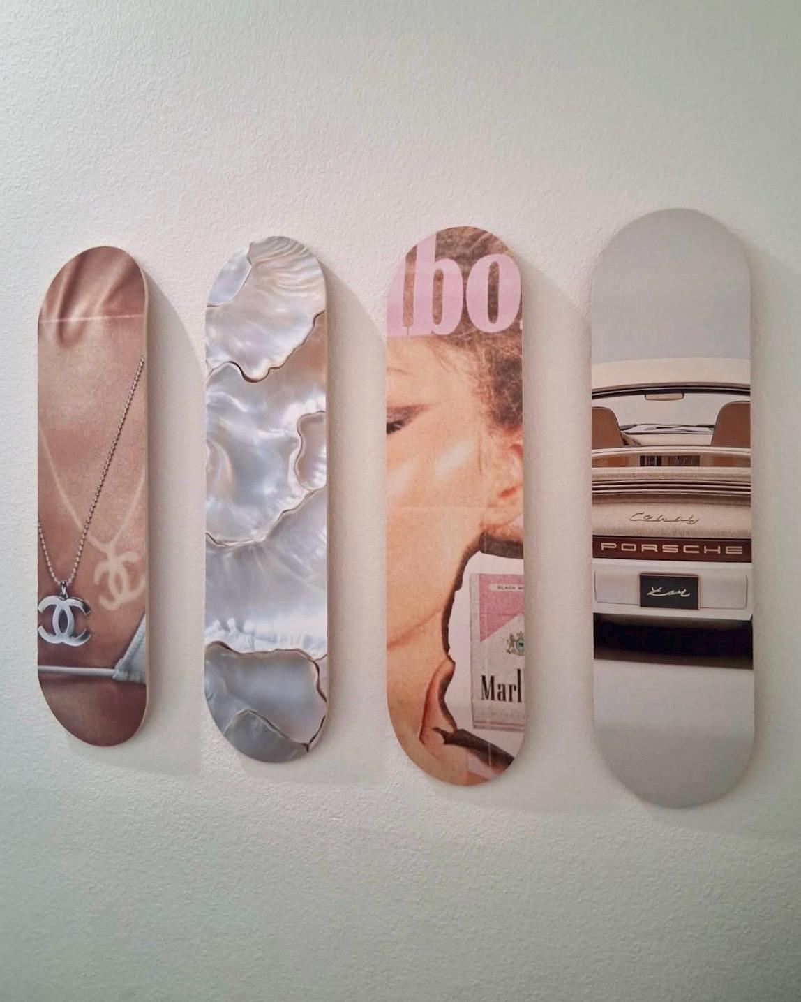 Set of 4 Skateboard Wall Art | Pink Aesthetic Dorm Room Decor for Girls | Trendy Bedroom Wall Boards | College Apartment Decor