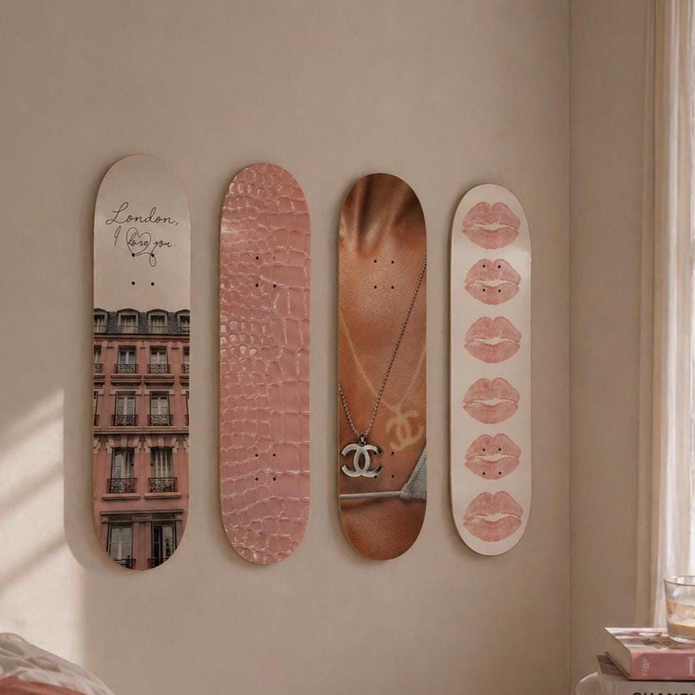 Set of 4 Skateboard Wall Art | Pink Aesthetic Dorm Room Decor for Girls | Trendy Bedroom Wall Boards | College Apartment Decor