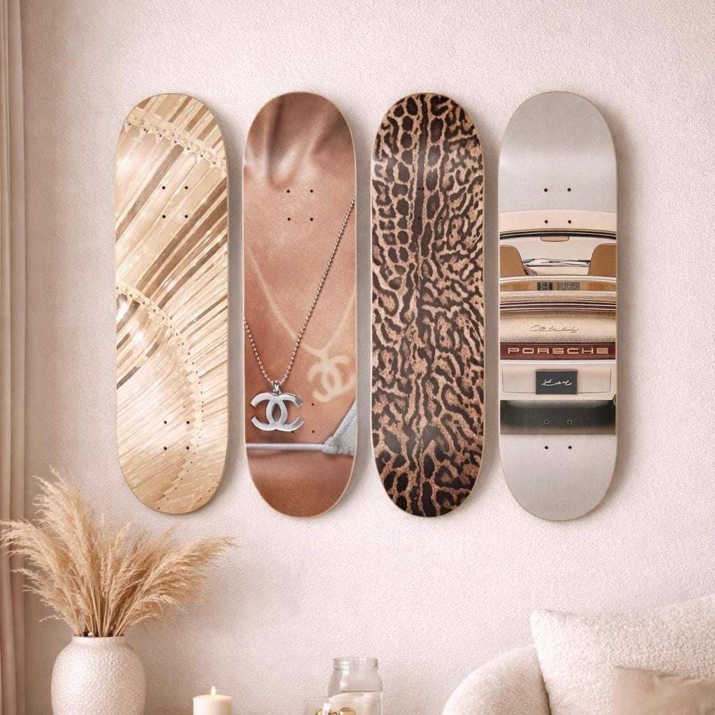 Set of 4 Skateboard Wall Art | Pink Aesthetic Dorm Room Decor for Girls | Trendy Bedroom Wall Boards | College Apartment Decor